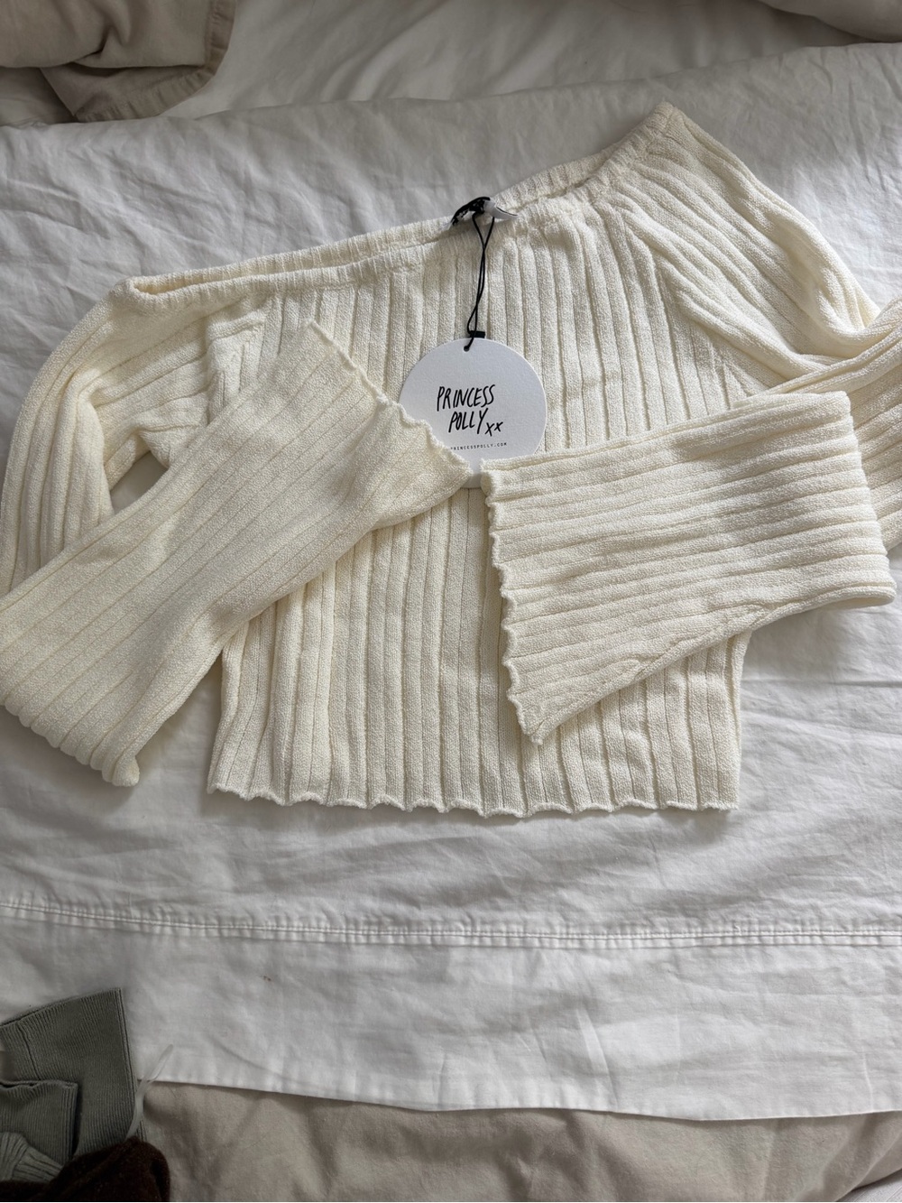 Princess Polly Off-Shoulder Ribbed Cream Sweater Top
